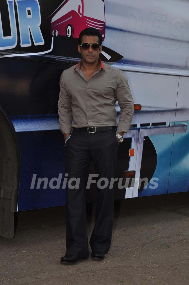 Bollywood actor Salman Khan takes media on the Big Boss tour ride at in Lonavala in Mumbai.