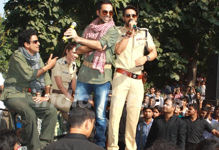 The star cast of film ''Chakravyuh&quot;, at a promotional event at Hindu College, Delhi University