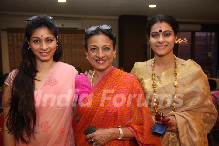 Kajol, Tanisha Mukherjee with mother Tanuja at the North Bombay Sarbojanin Durga Pooja celebrations.