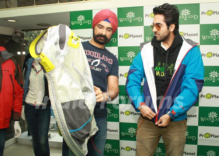 Bollywood actor Ayushman Khurana with Woodland MD Harkirat Singh at the launch of Woodland's Fall winter collection in New Delhi (Photo:IANS/Amlan)