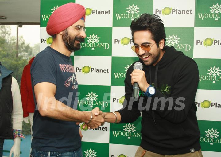 Bollywood actor Ayushman Khurana with Woodland MD Harkirat Singh at the launch of Woodland's Fall winter collection in New Delhi (Photo:IANS/Amlan)