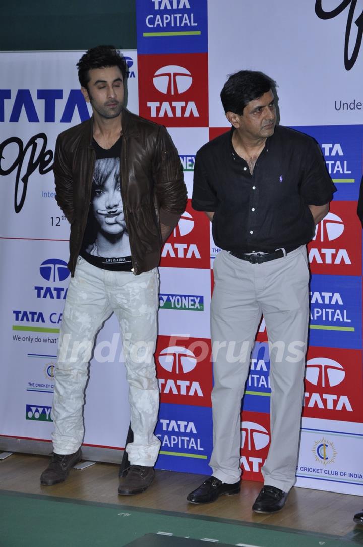 Bollywood actor Ranbir Kapoor with Former Indian Badminton player Prakash Padukone at the finale of Tata Open India International Challenge 2012 organized by Badminton Association of India (BAI) in CCI, Mumbai.