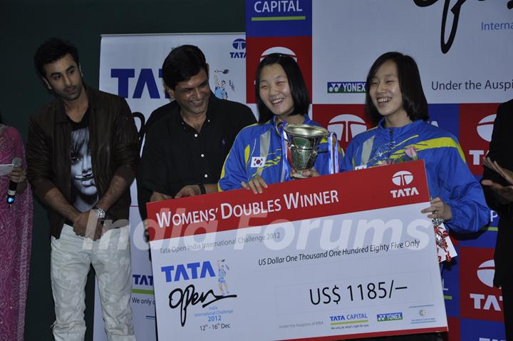 Bollywood actor Ranbir Kapoor with Former Indian Badminton player Prakash Padukone at the finale of Tata Open India International Challenge 2012 organized by Badminton Association of India (BAI) in CCI, Mumbai.