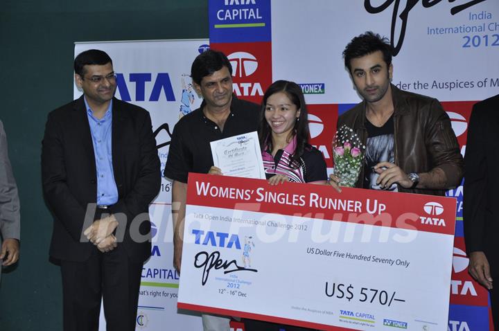 Bollywood actor Ranbir Kapoor with Former Indian Badminton player Prakash Padukone at the finale of Tata Open India International Challenge 2012 organized by Badminton Association of India (BAI) in CCI, Mumbai.