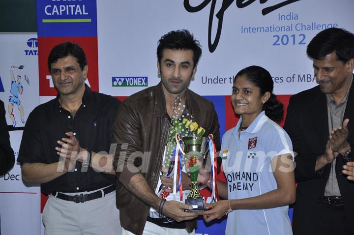 Bollywood actor Ranbir Kapoor with Former Indian Badminton player Prakash Padukone at the finale of Tata Open India International Challenge 2012 organized by Badminton Association of India (BAI) in CCI, Mumbai.