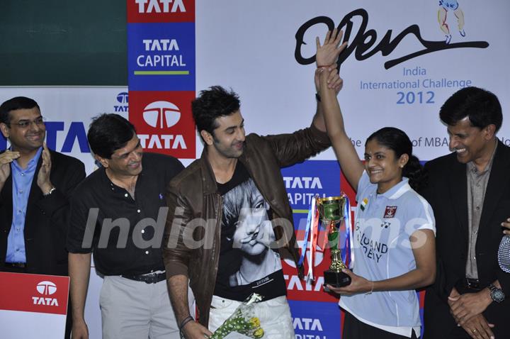 Bollywood actor Ranbir Kapoor with Former Indian Badminton player Prakash Padukone at the finale of Tata Open India International Challenge 2012 organized by Badminton Association of India (BAI) in CCI, Mumbai.