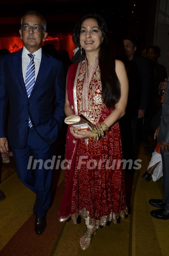 Bollywood actress Juhi Chawla at Durga Jasraj's daughter Avani's wedding reception with Puneet in Mumbai.