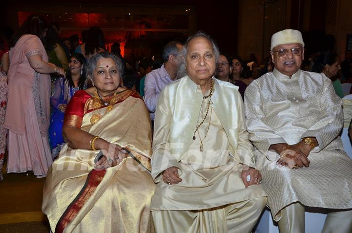 Indian classical singer Pandit Jasraj at Durga Jasraj's daughter Avani's wedding reception with Puneet in Mumbai.