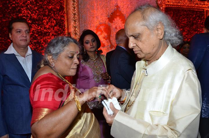 Indian classical singer Pandit Jasraj at Durga Jasraj's daughter Avani's wedding reception with Puneet in Mumbai.