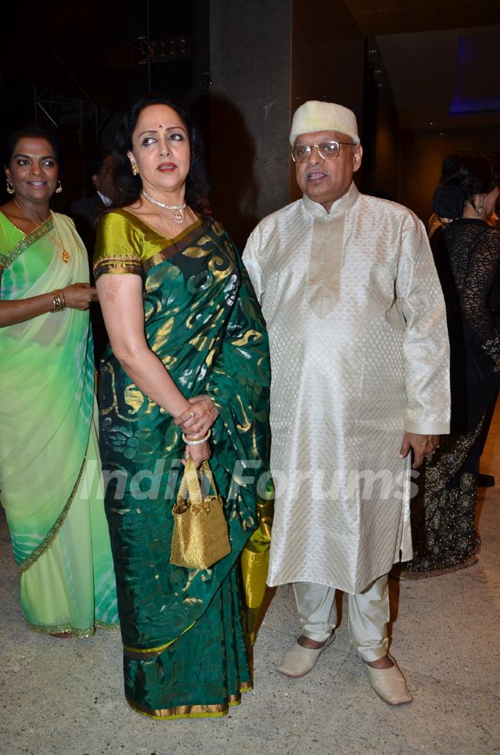 Bollywood actress Hema Malini at Durga Jasraj's daughter Avani's wedding reception with Puneet in Mumbai.