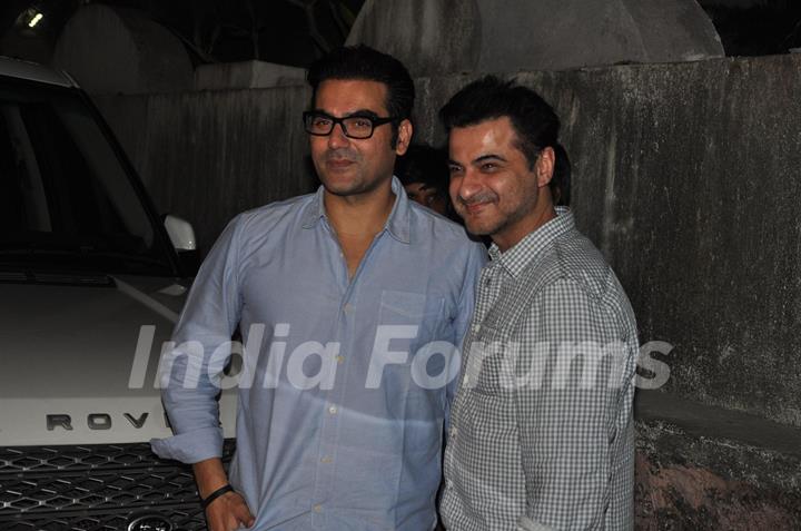 Bollywood actors Arbaaz Khan and Sanjay Kapoor at film Dabangg 2 special screening at Ketnav Preview Theater in Mumbai on Monday.