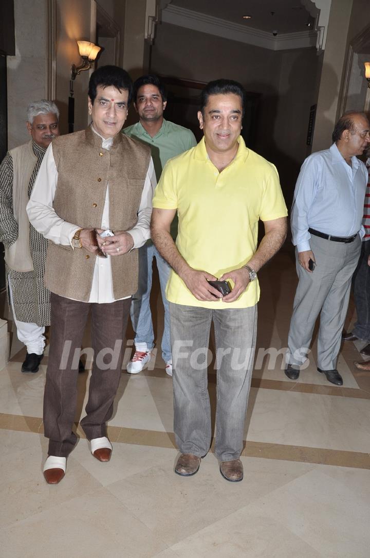 Bollywood actors Jeetendra and Kamal Haasan at the film Vishwaroop press meet at Hotel JW Marriott in Juhu, Mumbai.