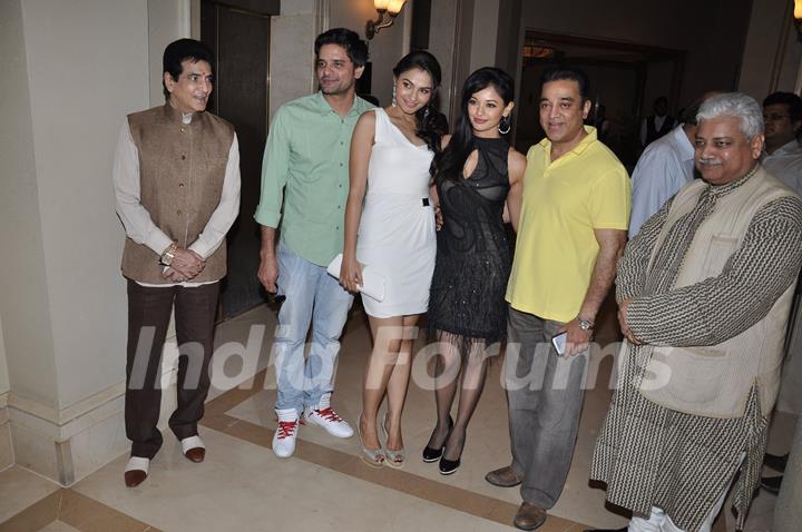 (L to R) Bollywood actors Jeetendra, Jaideep Ahlawat, Andrea Jeremiah, Pooja Kumar and Kamal Haasan at the film Vishwaroop press meet at Hotel JW Marriott in Juhu, Mumbai.