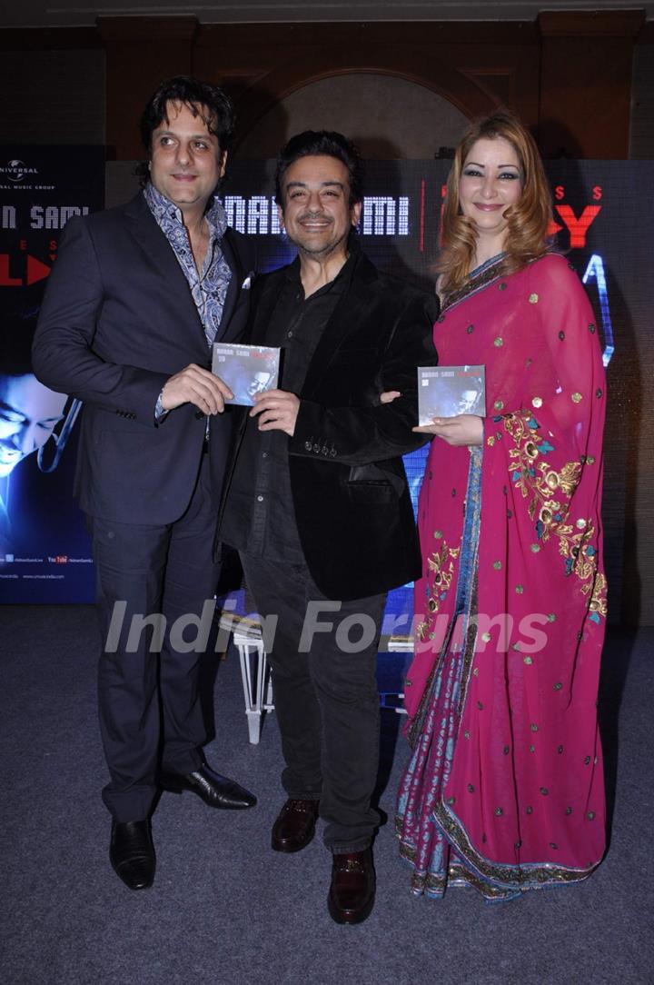 Bollywood actor Fardeen Khan and singer Adnan Sami with wife Roya Faryabi at the music release of his new album Press Play in JW Marriott, Mumbai.