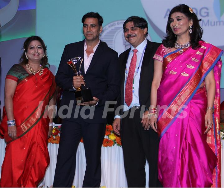 (L to R) Dr Nandita Palshetkar, bollywood actor Akshay Kumar, Dr Hrishikesh Pai and Dr Rishma Pai at the inauguration of the 56th All India Congress of Obstetrics and Gynecology (AICOG) fashion show by Manish Malhotra in Mumbai.