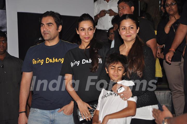 Bollywood actress Malaika Arora Khan with his husband Arbaaz Khan, son Arhaan Khan and sister Amrita Arora Ladak at the press conference for his Being Human clothing line and flagship store launch in Hotel Sofitel, Bandra Kurla Complex, Mumbai.