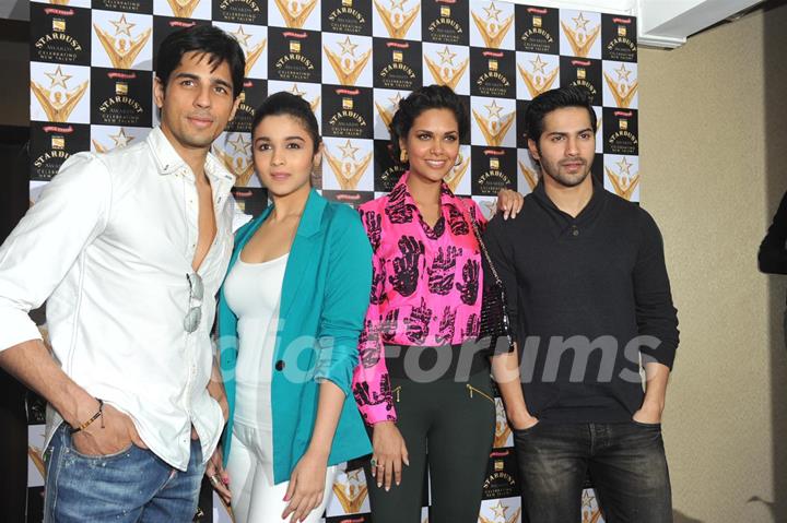 Bollywood actors Siddharth Malhotra, Alia Bhatt, Esha Gupta and Varun Dhawan at the announcement of Stardust Awards 2013 press Conference in Magna Lounge, Mumbai.