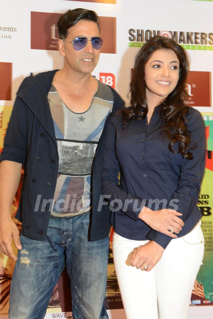 Bollywood actors Akshay Kumar and Kajal Aggarwal at the promotional event of the film Special 26 in Hyderabad on Feb 4.