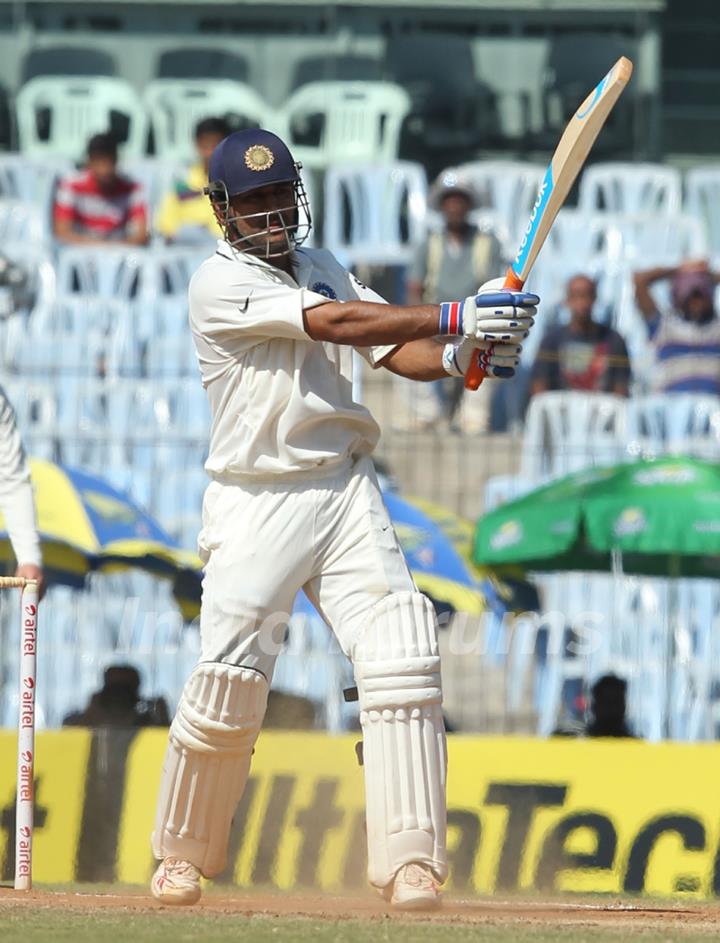 India's Skipper MS Dhoni plays a shot during third day of first test match against Australia at MA Chidambaram Stadium in Chennai on Sunday.