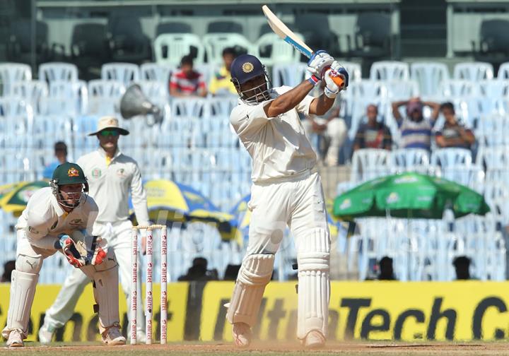 India's Skipper MS Dhoni plays a shot during third day of first test match against Australia at MA Chidambaram Stadium in Chennai on Sunday.