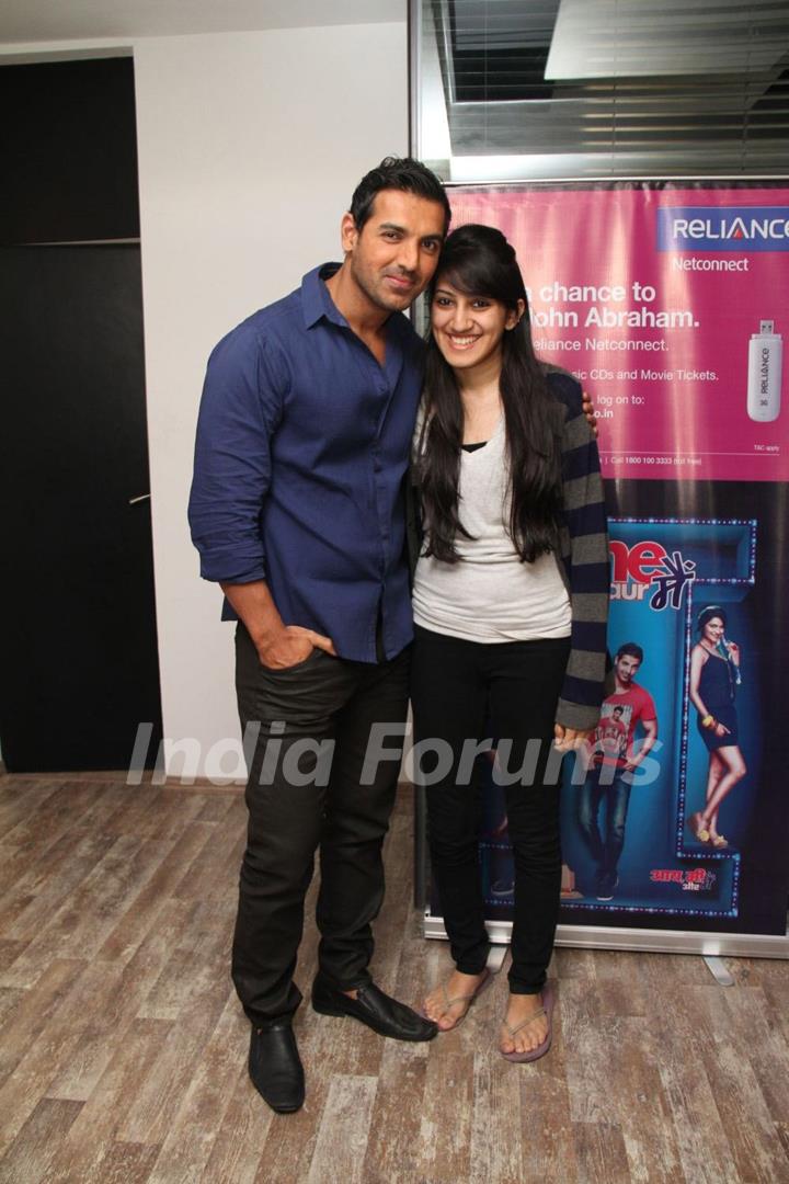 Bollywood actor John Abraham meets Bookmyshow contest winners of 'I ME AUR MAIN' in Mumbai on Thursday, February 28th.