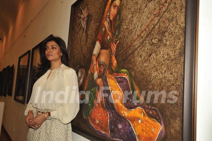 Sushmita Sen gestures during the Gautam Patole’s art exhibition Women & We men