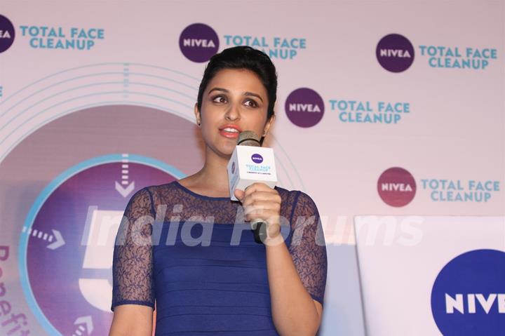 Parineeti Chopra poses during the launch of Nivea’s Total Face Cleanup