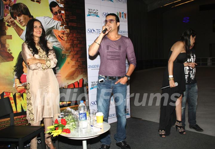 Jimmy Shergill and Neha Dhupia during a promotional event for their Punjabi film Rangeelay