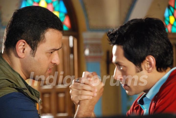 A still of Rohit Roy and Sumit Vats from Hitler Didi