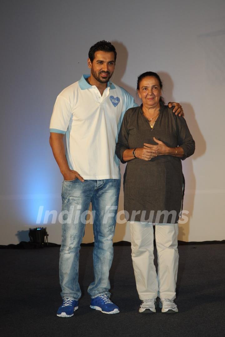 John Abraham with his mother Firoza Irani at P&G initiative THANK YOU MOM at Mehboob Studios in Bandra, Mumbai