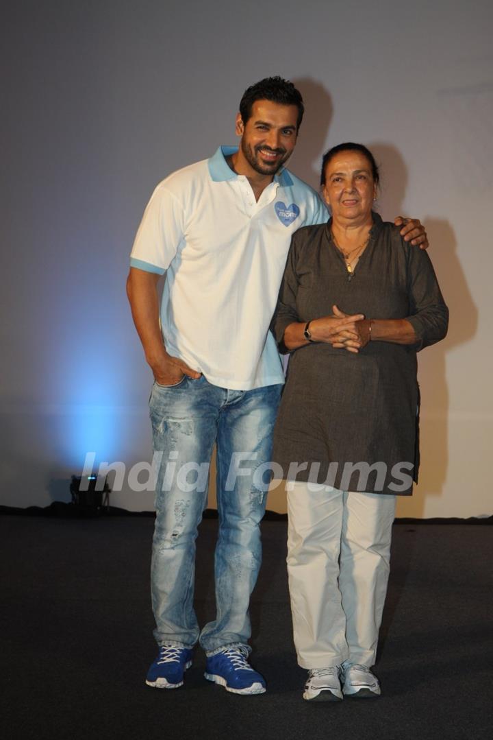 John Abraham with his mother Firoza Irani at P&G initiative THANK YOU MOM at Mehboob Studios in Bandra, Mumbai