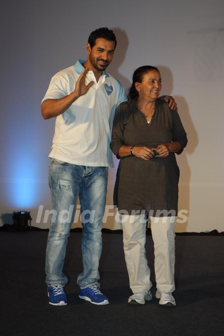 John Abraham with his mother Firoza Irani at P&G initiative THANK YOU MOM at Mehboob Studios in Bandra, Mumbai