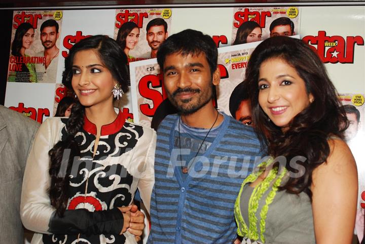 Sonam, Dhanush and Krishika at the launch of Magna Star Week's latest issue