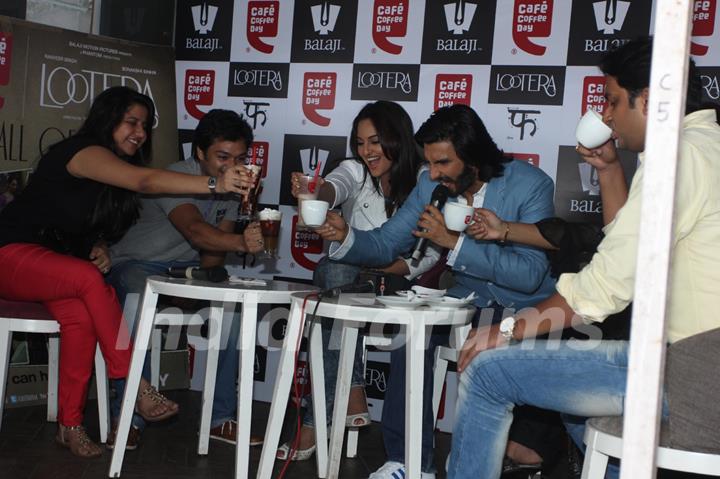 Sonakshi Sinha & Ranveer Singh gesture during the promotion of film Lootera