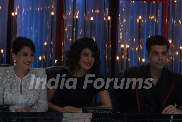 Madhuri Dixit, Priyanka Chopra and Karan Johar on the sets of Jhalak Dikhhla Jaa