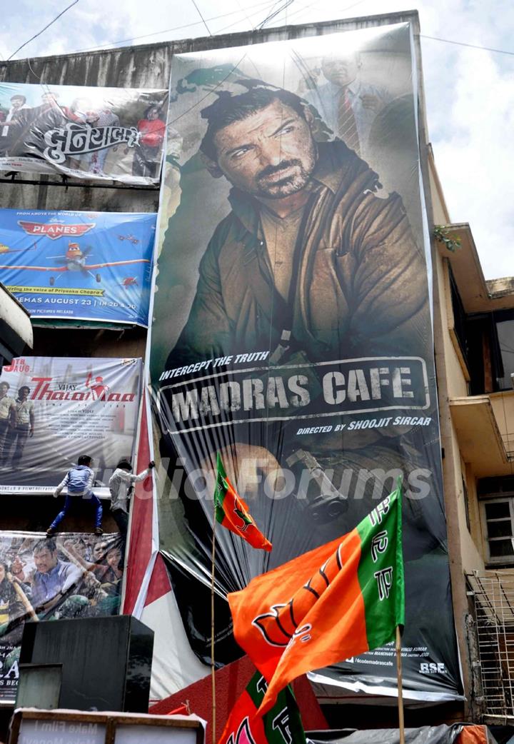 BJP activists protesting against the Hindi film 'Madras Cafe' in Mumbai