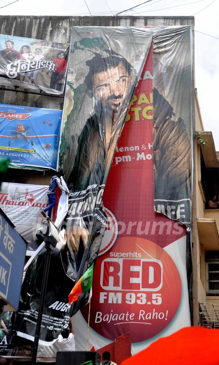 BJP activists protesting against the Hindi film 'Madras Cafe' in Mumbai