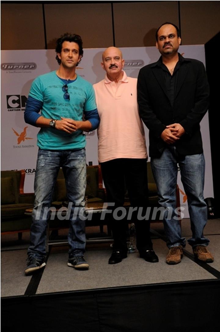 Hrithik, Rakesh Roshan and Krishna Desai at the launch of Cartoon Network's Kid Krrish