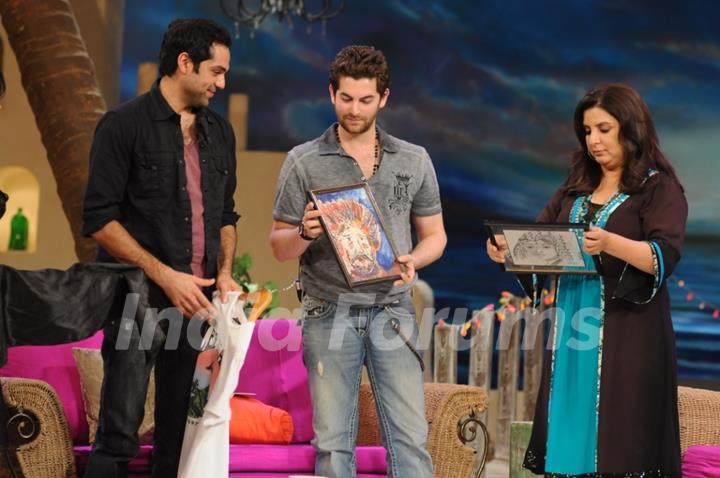 Neil Nitin Mukesh and Abhay Deol with Farah Khan