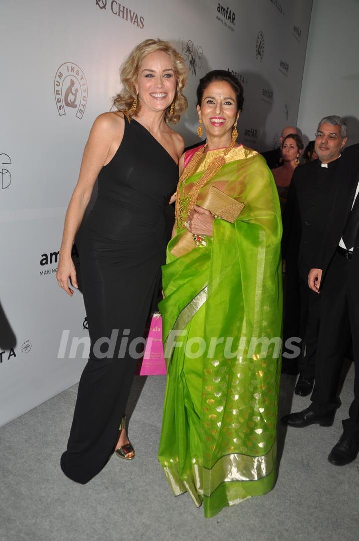 Hollywood Actress Sharon Stone & Hilary Swank at the inauguration of amfAR India event at Hotel Taj Mahal Palace in Mumbai