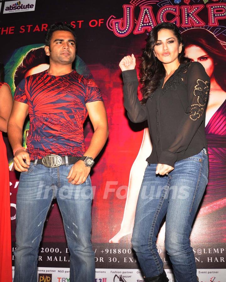 Sunny Leone and Sachin Joshi during a promotional event of their film 'Jackpot'