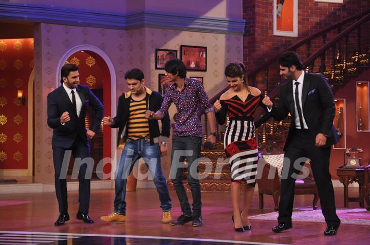 The cast of Gunday and Kapil Sharma perform with an audience member