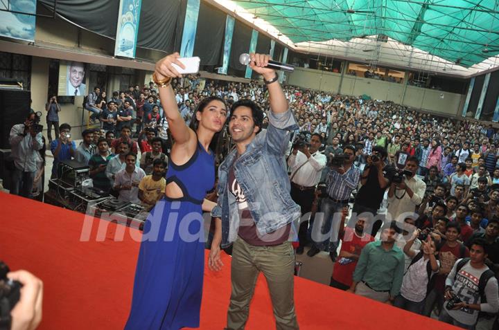 Nargis and Varun get a selfie of themselves with the crowd