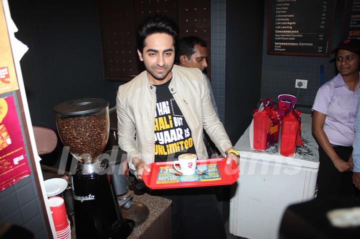 Ayushmann serves coffee as Promotions of Bewakoofiyaan at Cafe Coffee Day