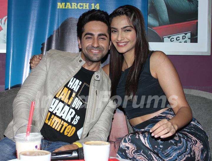 Ayushmann and Sonam at the Promotions of Bewakoofiyaan at Cafe Coffee Day