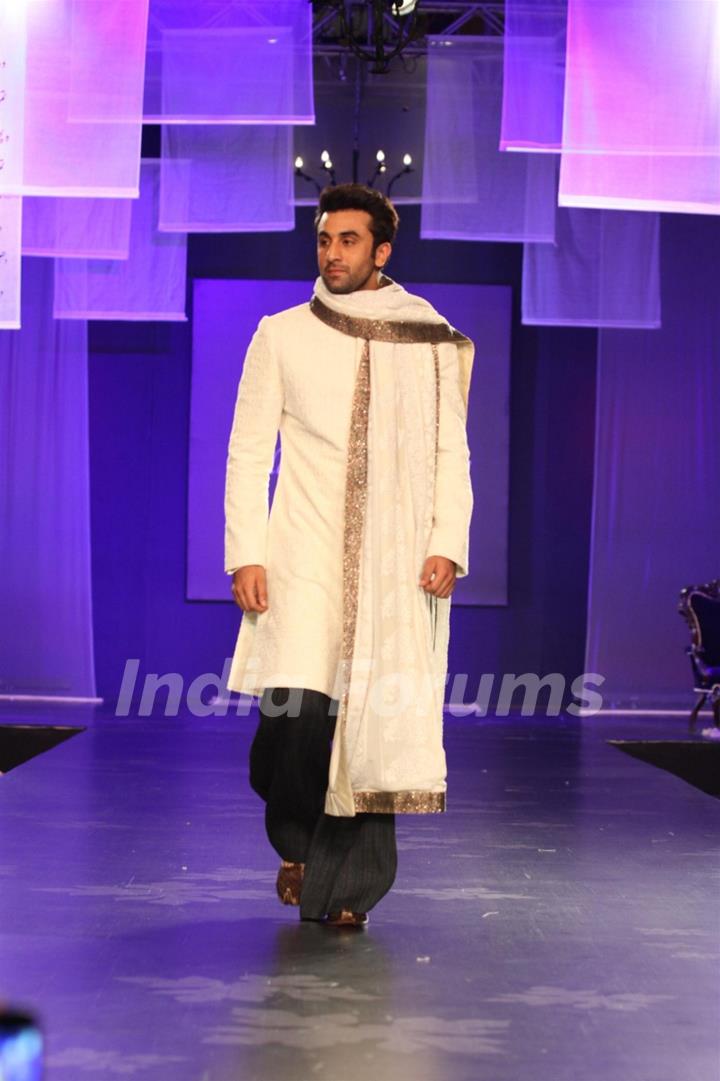 Ranbir Kapoor walks the ramp at the Men for Mijwan fashion show