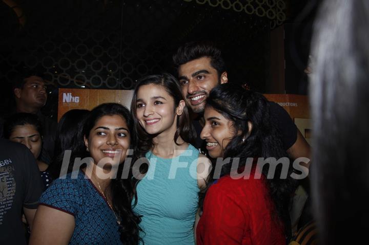 Fans get selifies with Alia Bhatt and Arjun Kapoor at a movie theatre