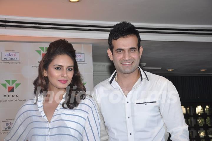 Irfan Pathan and Huma Qureshi poses for the media