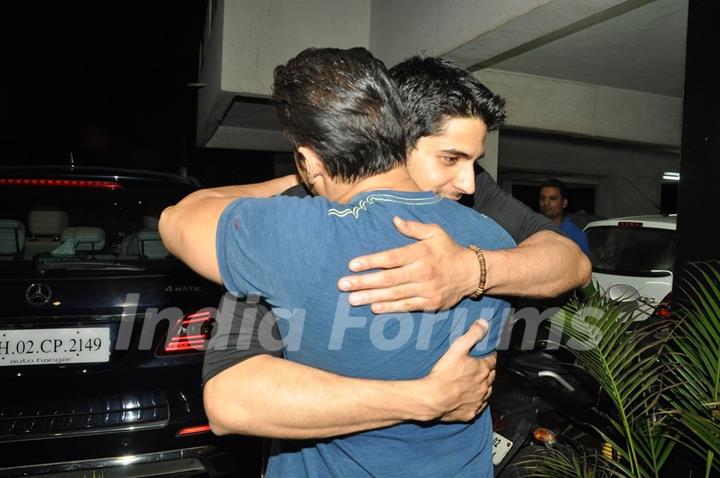 Sidharth Malhotra hugs Salman Khan during the success party of Ek Villain.