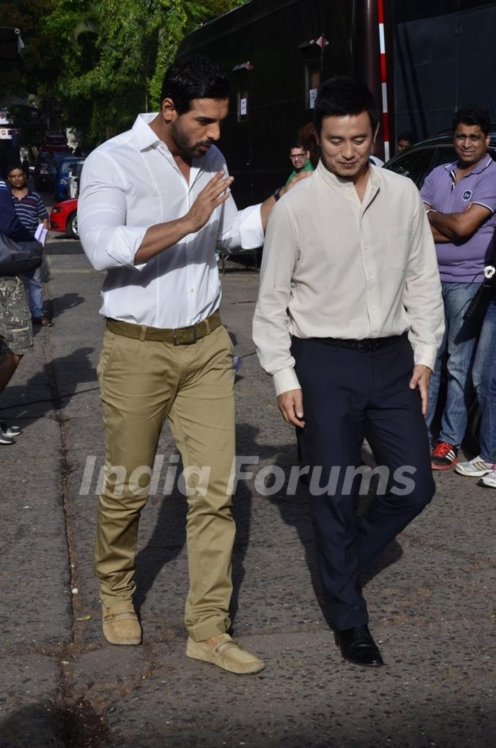 John Abraham chatting with Baichung Bhutia at Castrol Photo Shoot